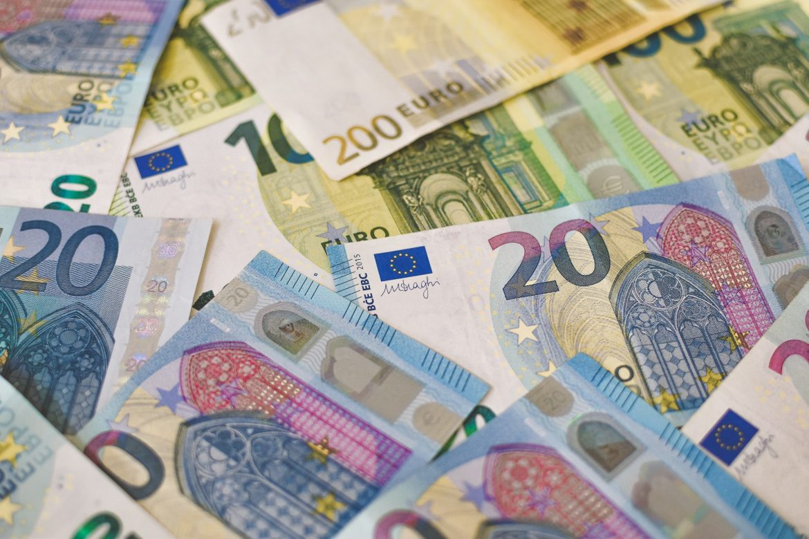 Euro banknotes with different denominations