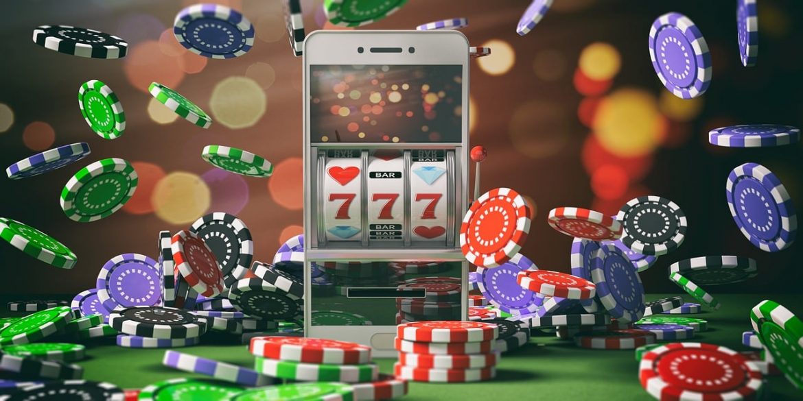 slot machine in a smartphone screen with many chips falling down